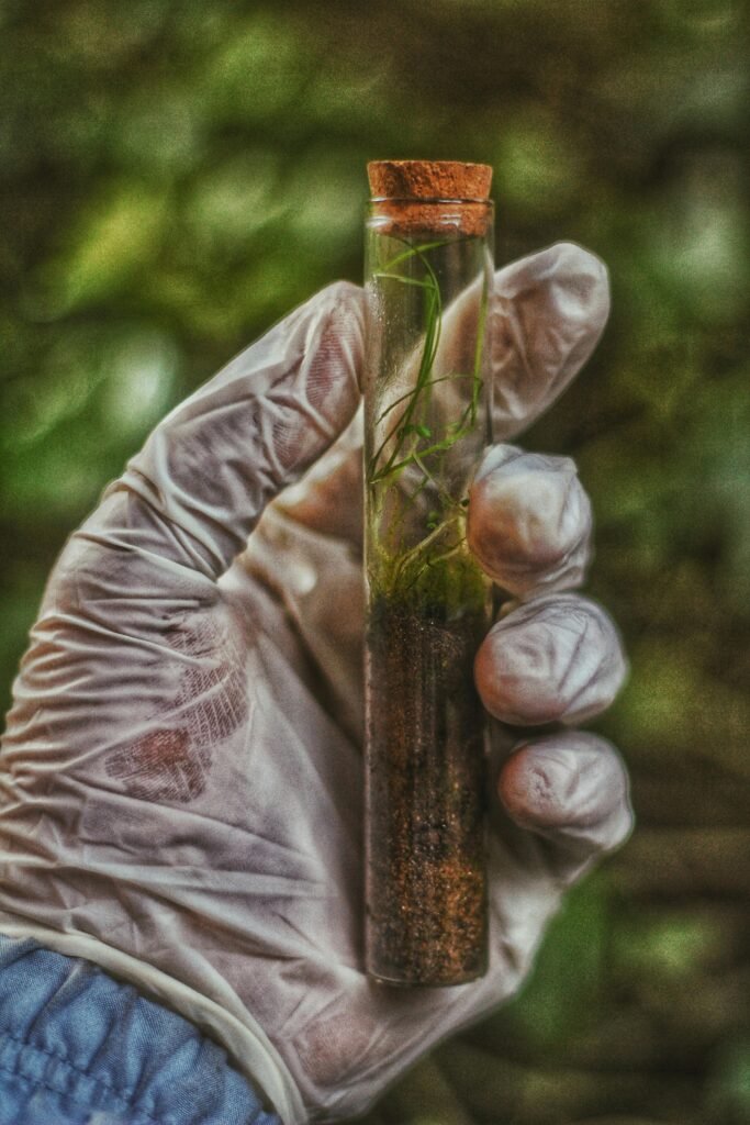Close-up of a gloved hand holding a test tube containing a plant sample in soil.