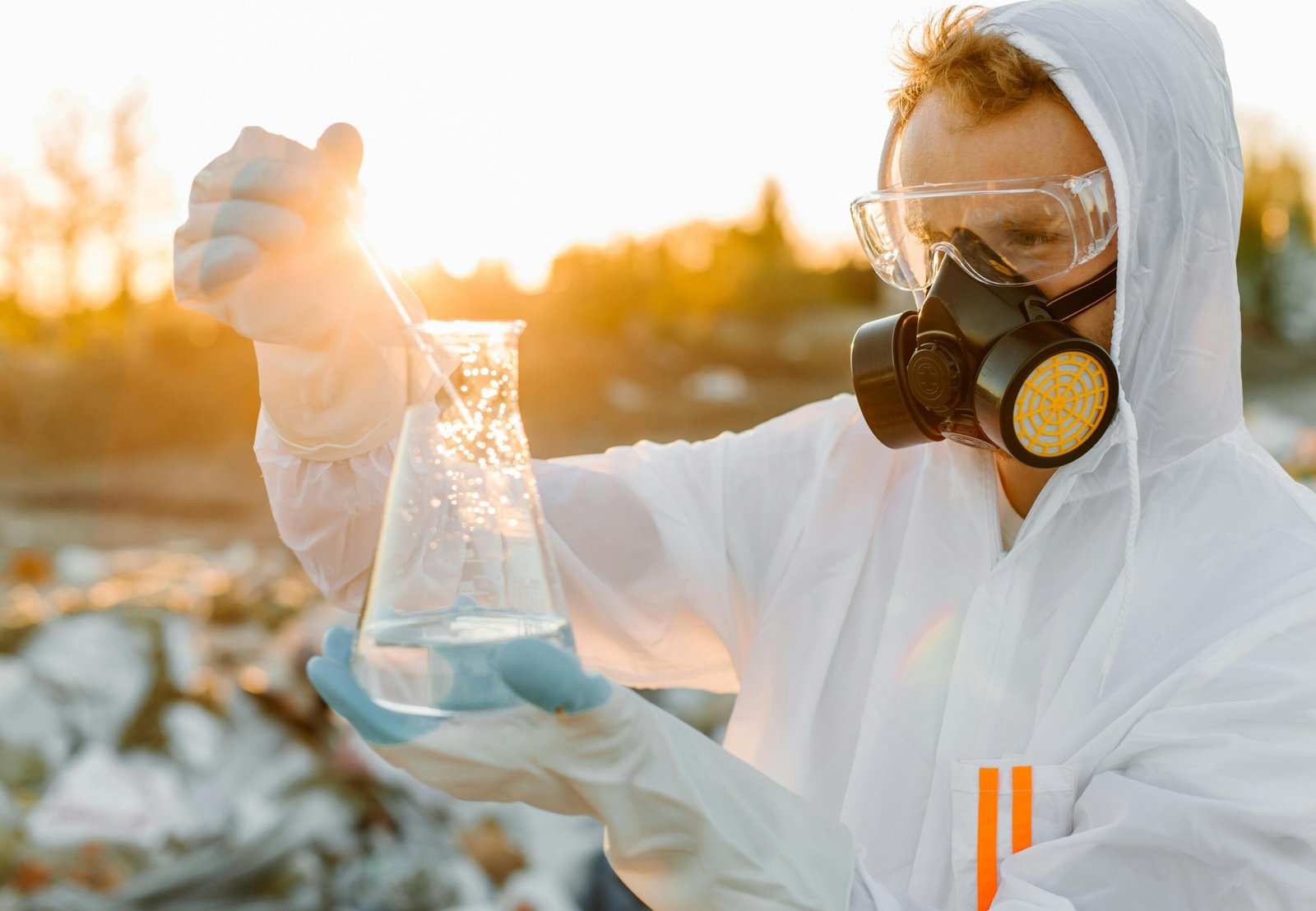 Scientist in protective gear conducting experiment outdoors at sunset.